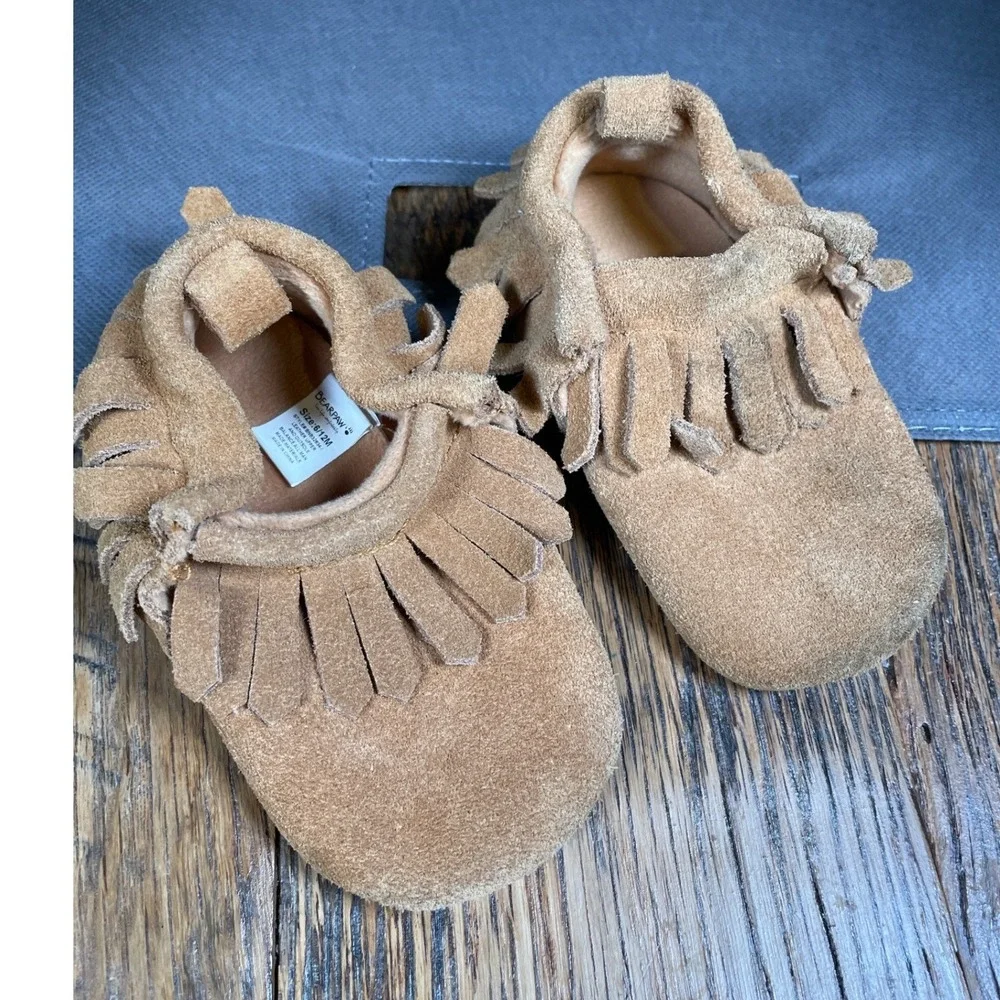 Bearpaw Baby Moccasins Tan Suede Fringe Booties Infant Size 6-12 Months‎ Slip On